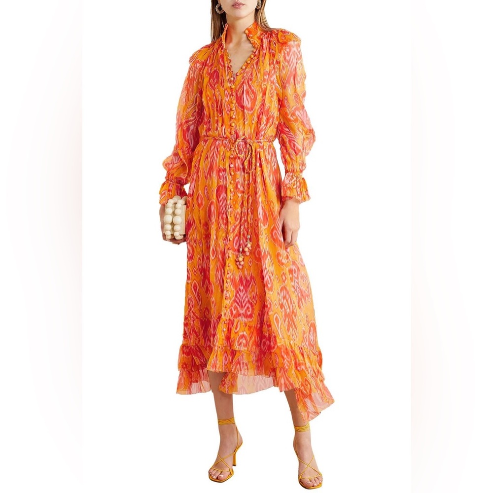 Zimmermann Brightside Frilled Midi Dress in Golden Ikat